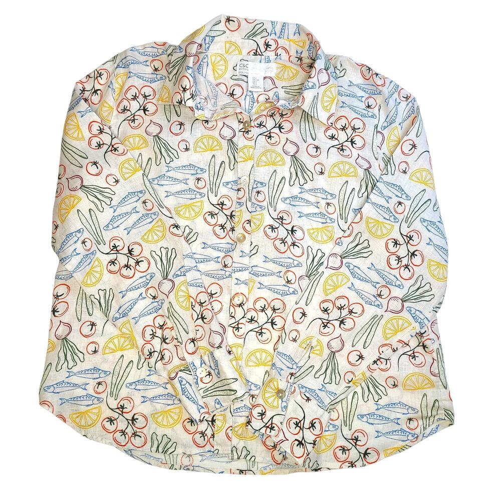 C&C California Women's Linen Fish Fruit Vegetable Button Up Top Size Large